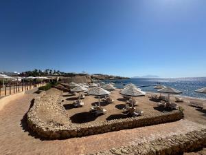 a group of chairs and umbrellas on a beach at Sharm Prestige Room 52 - Luxury sea view at coral bay in Sharm El Sheikh