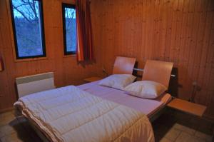 a bedroom with two beds and two windows at Jardins de L'Ourthe 8 in Houffalize
