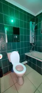 a bathroom with a toilet and a green tiled wall at St Michael & The Queen in Johannesburg