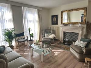 Una sala de estar con un sofá y una chimenea. en Guesthouse Saint-Jean Bruges, en Brujas