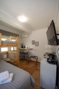 a bedroom with a bed and a desk with a television at Birdhouse Apartment Athens in Athens +10 photos