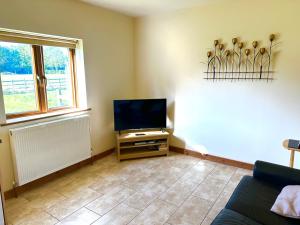 a living room with a flat screen tv and a couch at Bluebell Cottage - Cedar Park in Grimsby