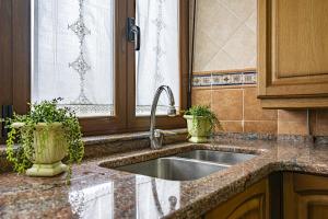 eine Küchenspüle mit zwei Topfpflanzen neben einem Fenster in der Unterkunft La Casuca, entre Mar y Montaña in Udias + 18 Fotos