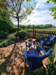 two blue chairs and a table on a patio at 200 Jahre altes Landhaus mit Tieren in Goldenstedt