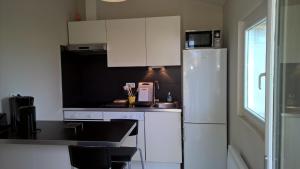 uma cozinha com armários brancos e um frigorífico branco em Gites Gayet em Saint-Androny