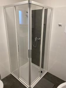 a shower with a glass door in a bathroom at JK Apartmány in Bělkovice