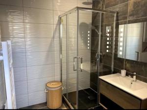a bathroom with a glass shower and a sink at Les Vagues d'Opale in Boulogne-sur-Mer