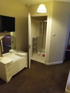 a bathroom with two sinks and a large mirror at Pinewood Lodge Guest House in Omagh