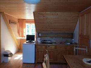 a kitchen with a white refrigerator and wooden walls at Beskýdek I in Krásná