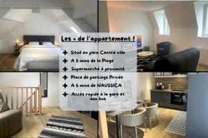 a collage of pictures of a room with a bed at La Perle de la Côte in Boulogne-sur-Mer