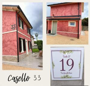a collage of three pictures of a red building at Casello 33 in San Giovanni in Croce
