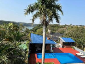 伊瓜苏港Guembe al Rio Hostel的棕榈树和游泳池的度假村