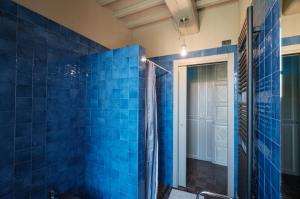 a bathroom with blue tiled walls and a shower at Podere San Pasquale - La Vigna in Castiglione dʼOrcia +26 photos