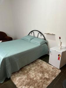 una camera da letto con un letto con un piumone verde e un tappeto di Aráras Suites a Palmas