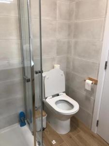 a bathroom with a toilet in a shower stall at Apartamento T2 Montegordo entrada in Monte Gordo