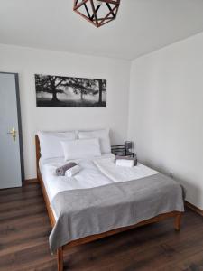 Rúm í herbergi á Gasthaus Löwen in Tisis