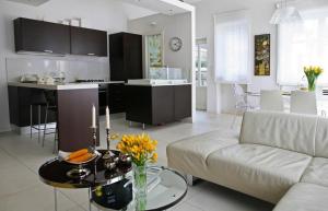 ein Wohnzimmer und eine Küche mit einer Couch und einem Tisch in der Unterkunft Kalliope House in Akrotiri