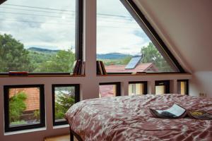 a bedroom with three large windows and a bed at Cuibul Negru in Teşila +6 photos