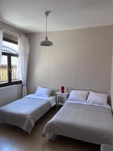 a bedroom with two beds and a window at The Watch Tower A in Siátista