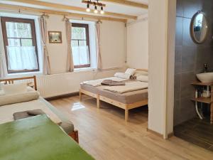 a living room with a bed and a couch at Parittyaház in Homokmégy