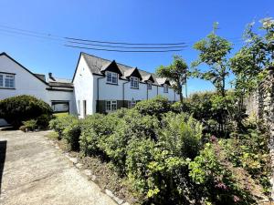a white house with a lot of bushes in front of it at Marigold Cottage in West Down