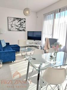 een woonkamer met een blauwe bank en een tv bij Apartament Blue Waves Wisełka in Wisełka