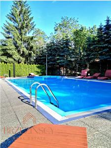 een groot blauw zwembad met een glijbaan bij Apartament Blue Waves Wisełka in Wisełka