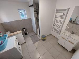 a bathroom with a sink and a washing machine at Maison au calme in Tenbrielen