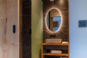 a bathroom with a sink and a mirror at Hotel Frost in Maribor