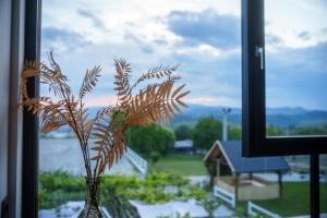a vase sitting on a window sill with a plant at Hotel Frost in Maribor