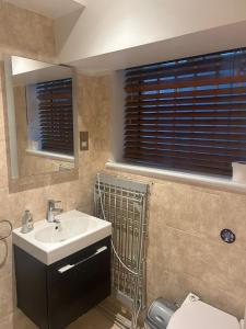 a bathroom with a sink and a toilet and a window at Hyde Park Studio Apartments in London