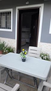 uma mesa branca e cadeiras com um vaso de plantas sobre ela em Guest House Emi em Berati