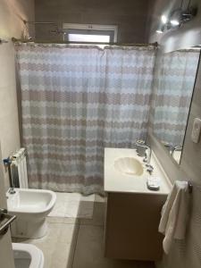 ein Badezimmer mit Waschbecken, Toilette und Dusche in der Unterkunft Cálido departamento centrico. in Barraquero + 27 Fotos