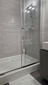 een douche met een glazen deur in een badkamer bij Sophia Home 2 in Braşov