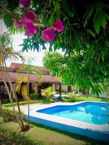 a swimming pool in front of a house with flowers at The House Of Don Lucho in Santa Cruz de la Sierra +18 photos
