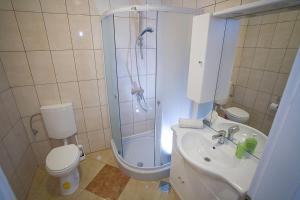 ein Bad mit einer Dusche, einem WC und einem Waschbecken in der Unterkunft Apartments Rubic in Omiš
