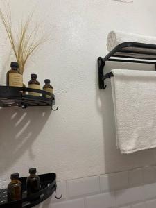 ein Badezimmer mit einem Regal an der Wand, auf dem fünf Flaschen stehen in der Unterkunft Tuyu Homestay in General Luna + 6 Fotos