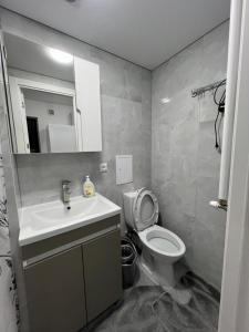 ein Badezimmer mit Toilette, Waschbecken und Spiegel in der Unterkunft 1-Edinet apartament Квартира Единец in Edineţ