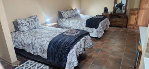 a bedroom with two beds and a mirror at Prieska Kokerrus in Prieska