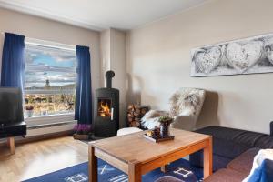 a living room with a fireplace and a couch at Naturopplevelser året rundt i Valdres Ski in out Panoramautsikt in Aurdal