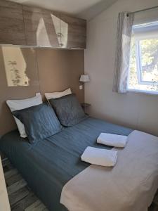 拉特斯特德布赫Mobil home Domaine de la Forge的一间卧室，有一张大床，上面有两个枕头