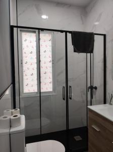 łazienka z prysznicem i toaletą oraz oknem w obiekcie Apartment la paz w Madrycie +37 zdjęć