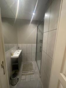 a white bathroom with a shower and a sink at La maison de Tedone in Arles-sur-Tech