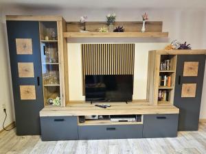a large entertainment center with a flat screen tv at Ferienwohnung Blumen in Radeberg