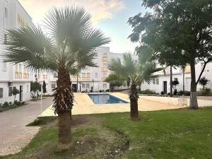 two palm trees in front of a building with a pool at Appartement cosy à 5 min de la plage Sidi Kacem in Hajreien