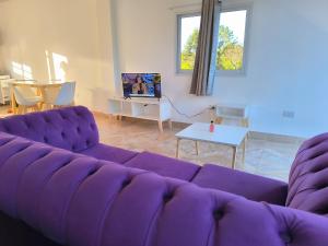 a living room with a purple couch and a table at Departamentos Boiko in Leandro N. Alem