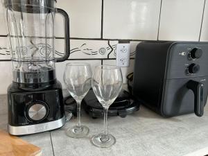 Twee wijnglazen naast een blender op het aanrecht. bij Cantinho da serra in Ubatuba