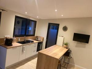 a kitchen with a counter and a sink and a refrigerator at Charmant studio pont de Kerino-Chorus-Conleau in Vannes