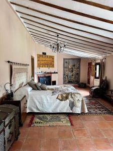 une chambre avec un grand lit et une cheminée dans l'établissement Cortijo Bernardino, à Chirivel