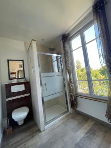 a bathroom with a toilet and a glass shower at Maison lumineuse et élégante in Chartres